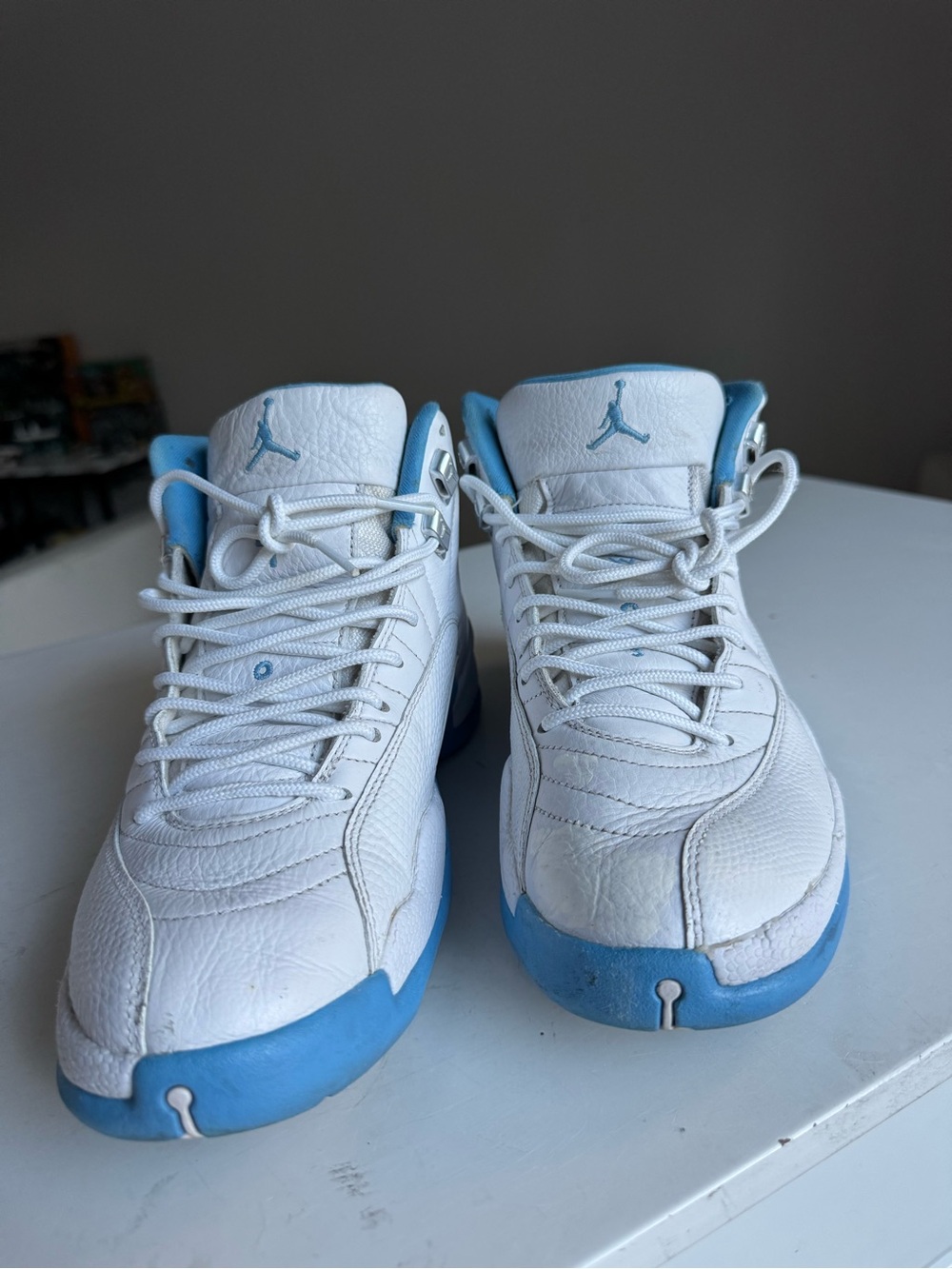 Air Jordan Kids' Retro 12 White and University Blue Sneakers - Picture 9 of 10